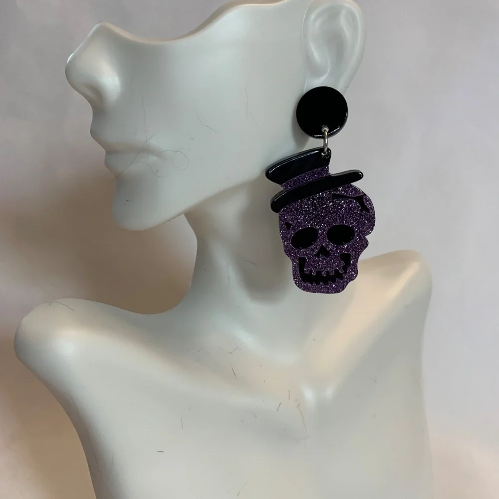 NWT! Fun Dark PurpleAcrylic Glitter Skull with Hat Post Earrings!